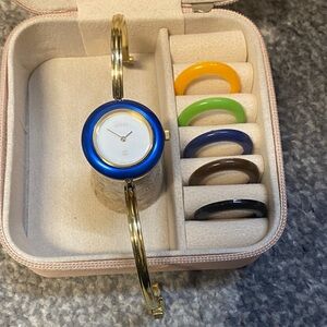 Gucci Gold and Blue Bangle Watch with Colorful Bezels